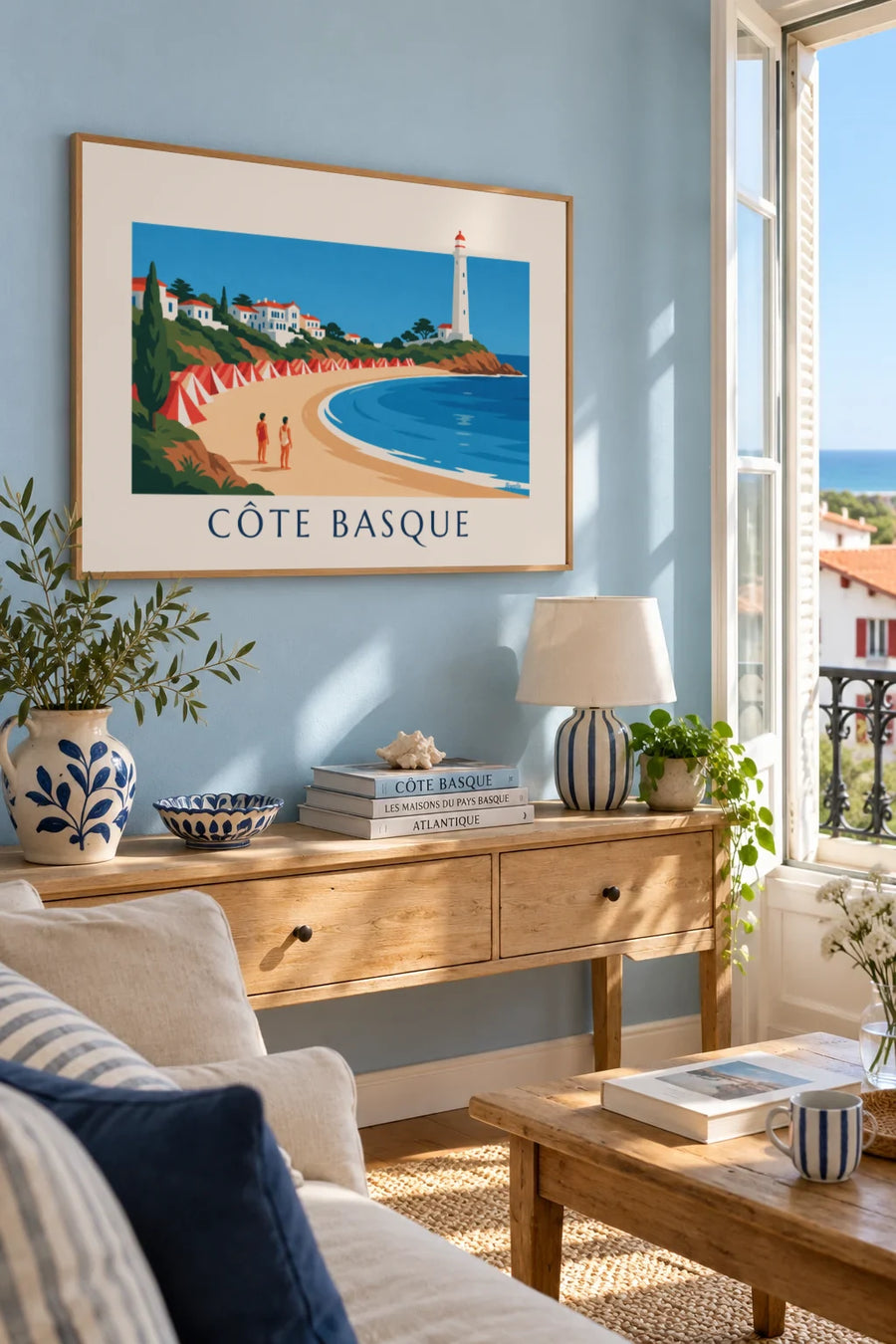 Affiche station balnéaire de la Côte basque, villas et phare : encadrée au mur