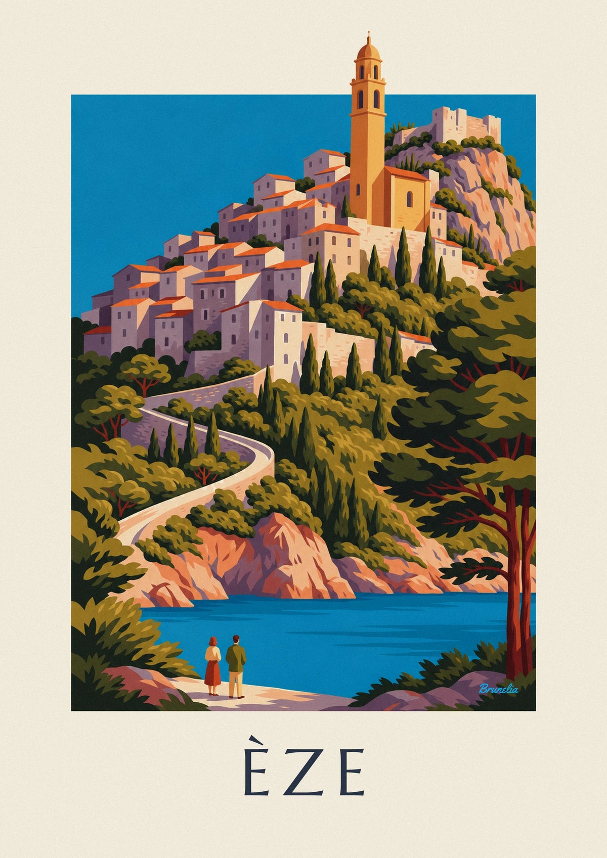 Affiche village perché d'Èze au-dessus de la Méditerranée