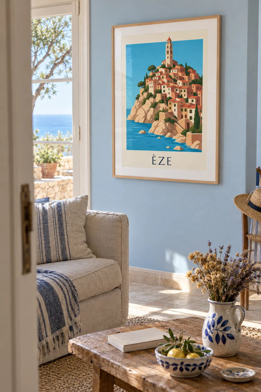 Affiche village perché d'Èze au-dessus de la Méditerranée : encadrée au mur