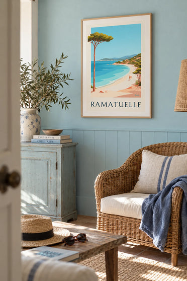 Affiche plage de Pampelonne à Ramatuelle : encadrée au mur