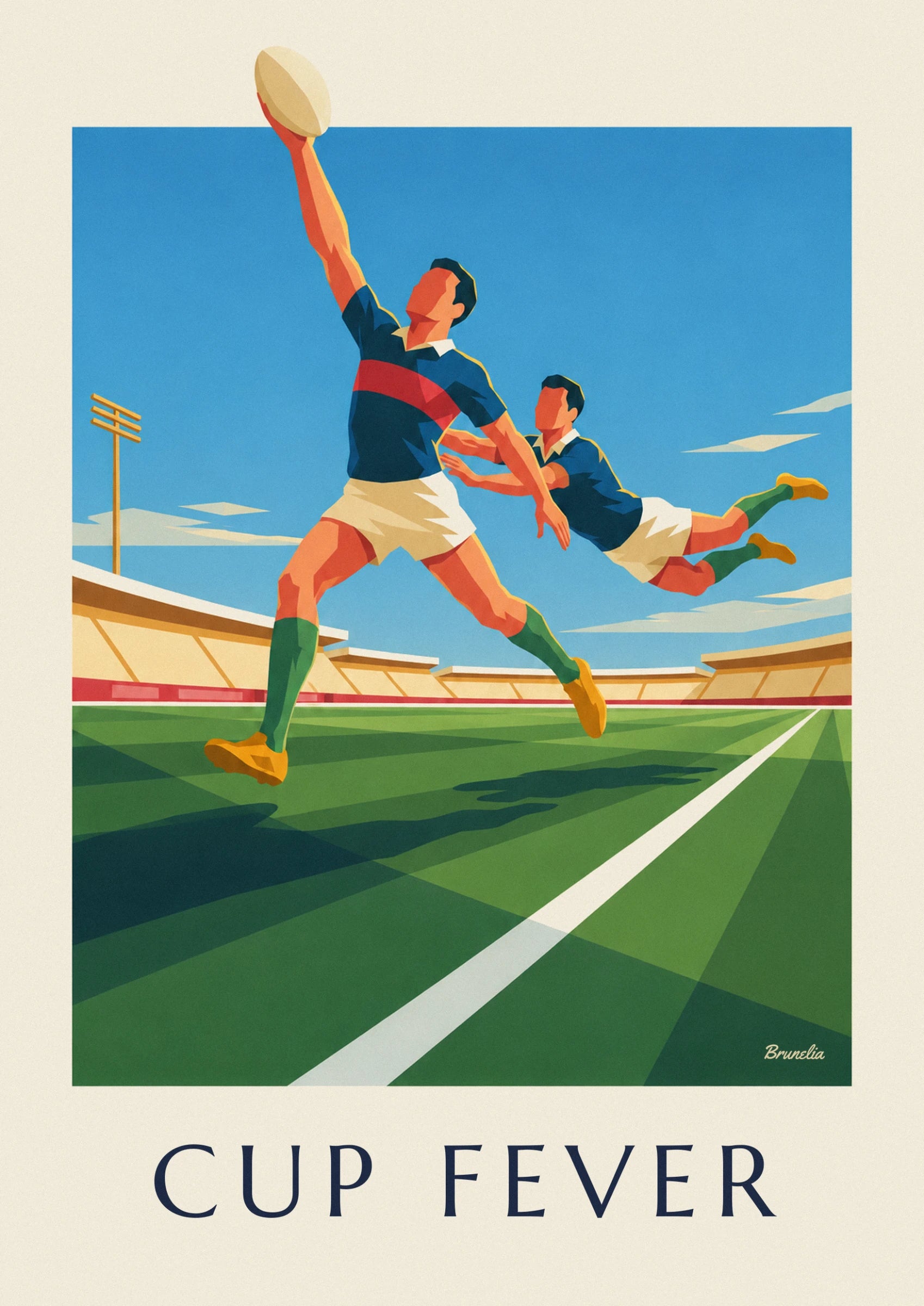The player in a blue shirt with a red stripe, arm raised, with his tackler behind him