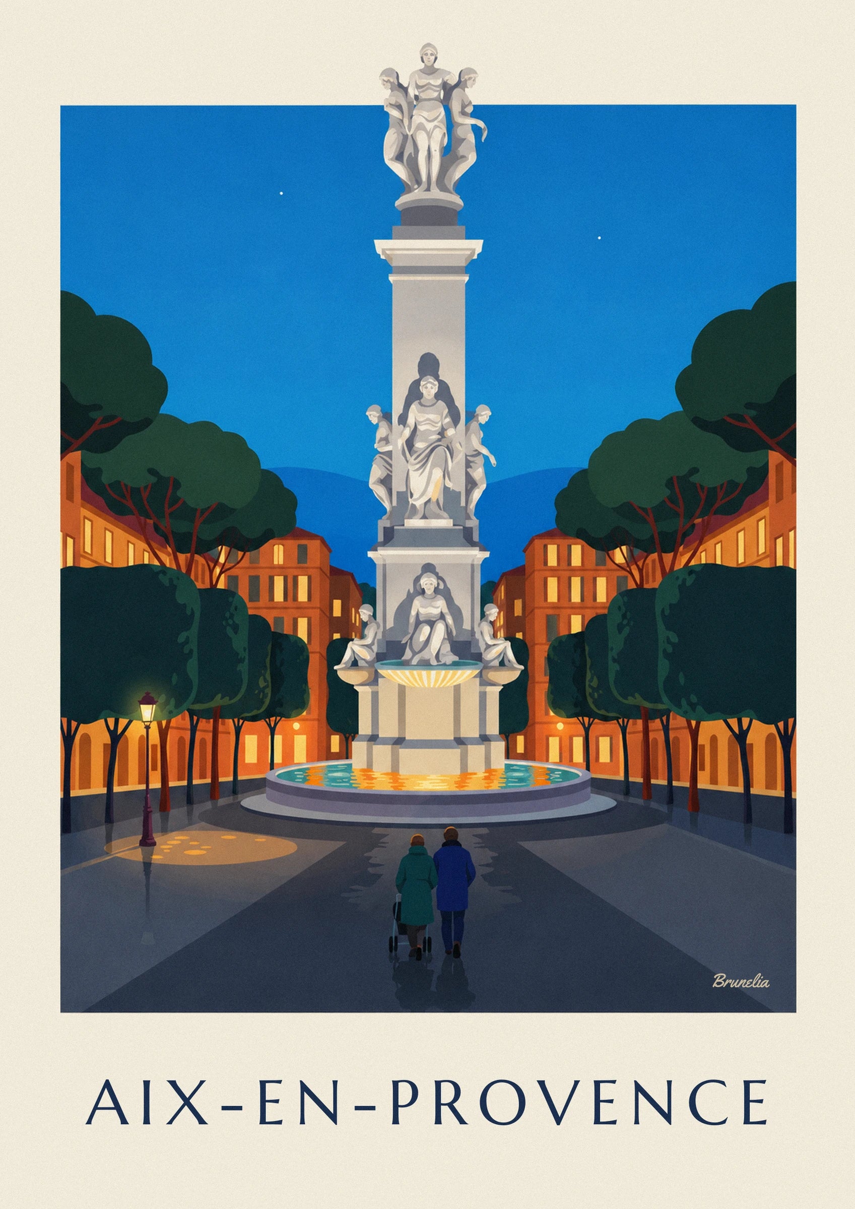 The pale statues of the fontaine de la Rotonde on their plinth beneath the blue sky