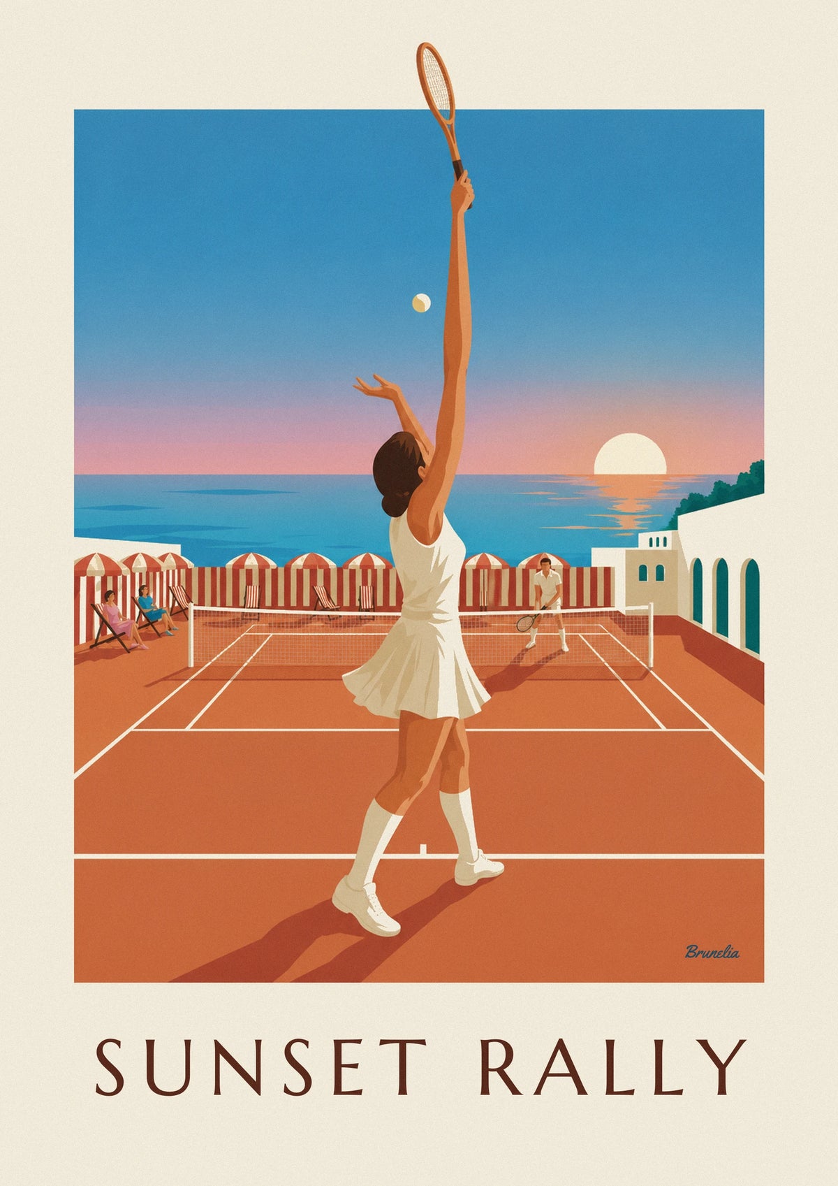 Tennis court and parasols at sunset poster