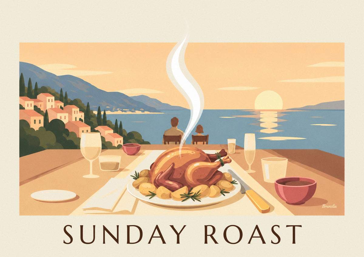 Affiche poulet rôti du dimanche et pommes de terre au romarin