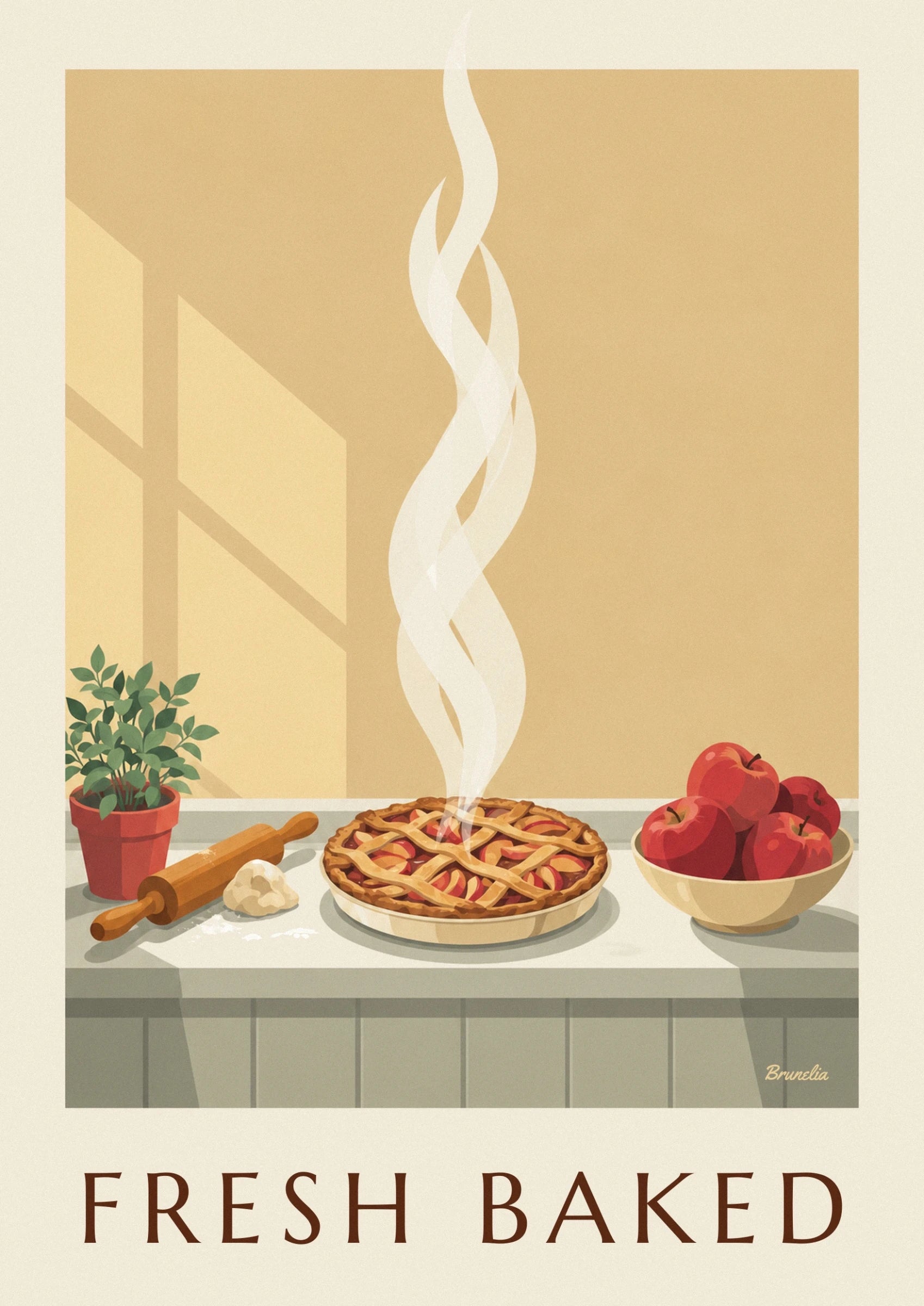La tarte aux pommes fumante et ses croisillons dorés dans un plat crème