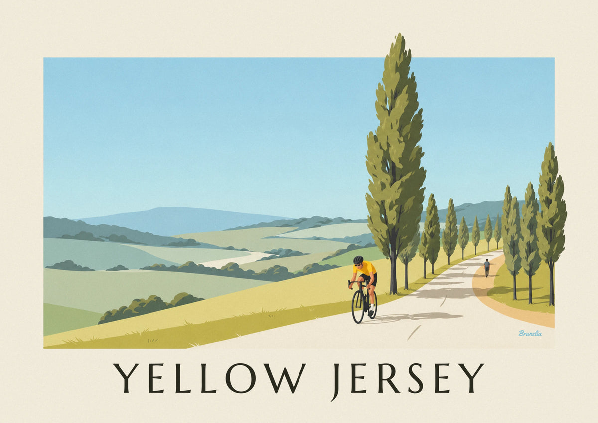 Yellow jersey cyclist on a country road poster