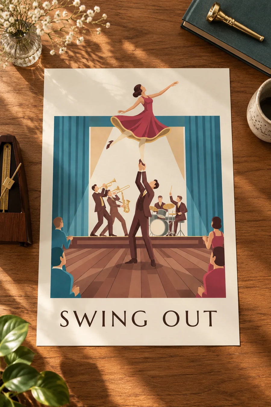 Poster of a swing dancing couple in a ballroom: resting on a table