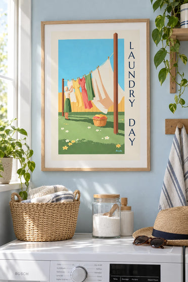 Poster of laundry day with white linens drying in the sun: framed on the wall