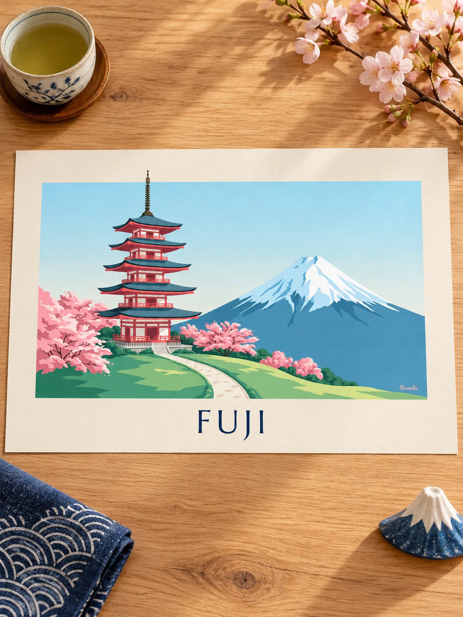 Juliste Chureito-pagodista Fuji-vuoren edessä kirsikkapuiden keskellä: pöydällä