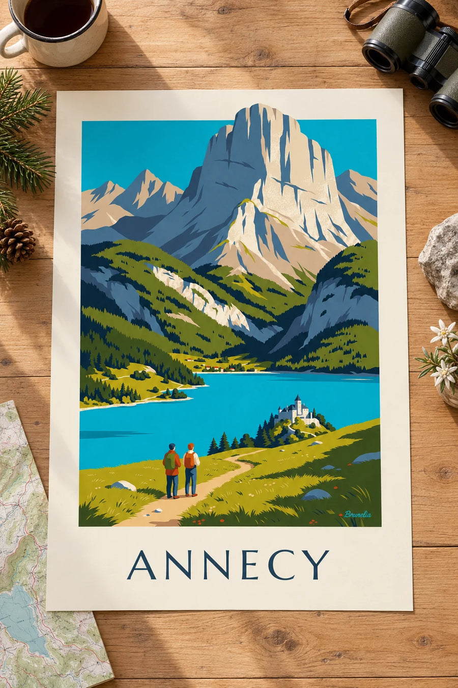 Juliste vaelluksesta Annecy-järven yläpuolella: pöydällä
