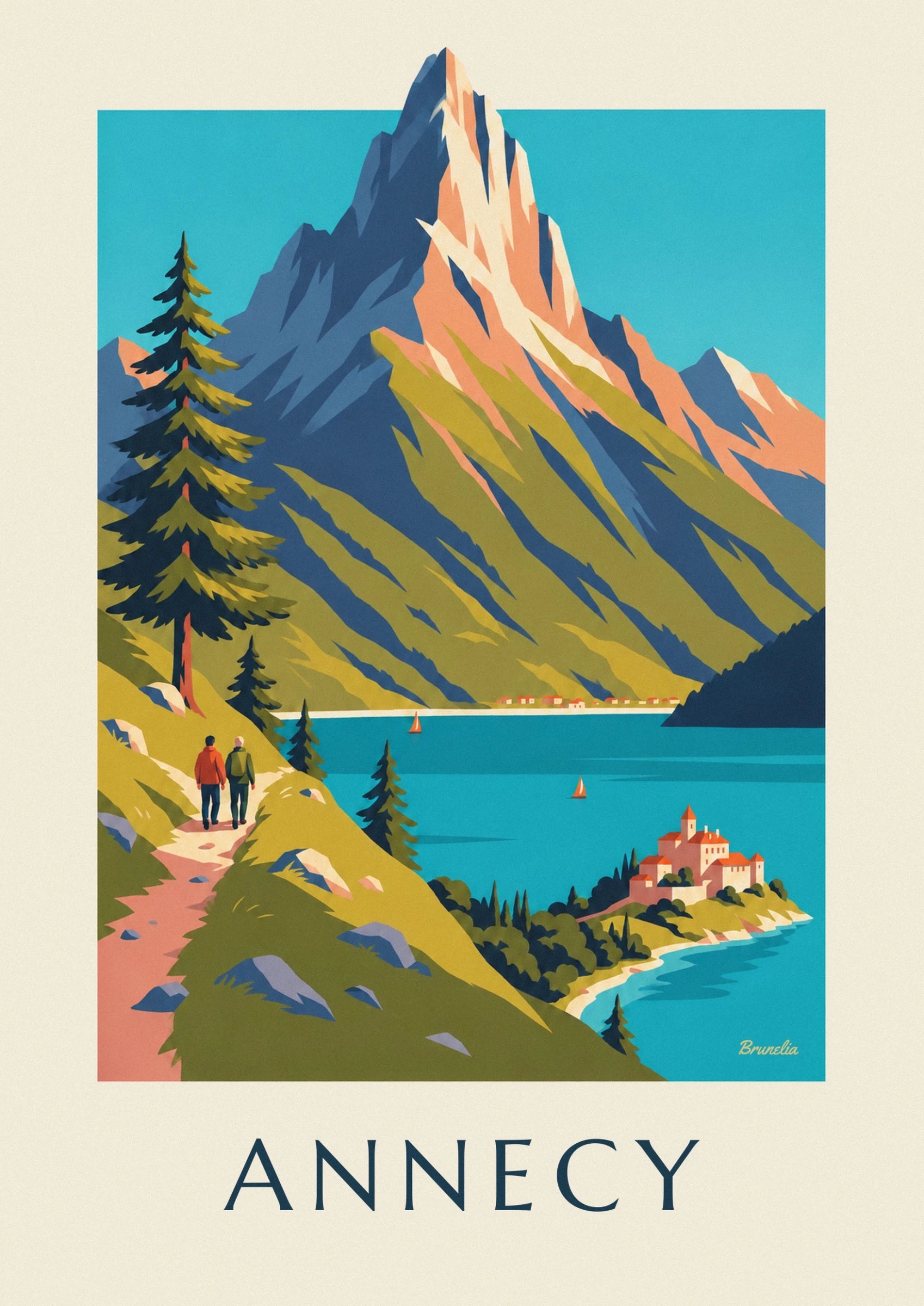 The steep mountain faces, with blue shadows and orange rock