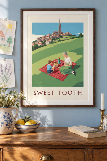 Poster of a picnic and a flowered cookie tin on a hill: framed on the wall
