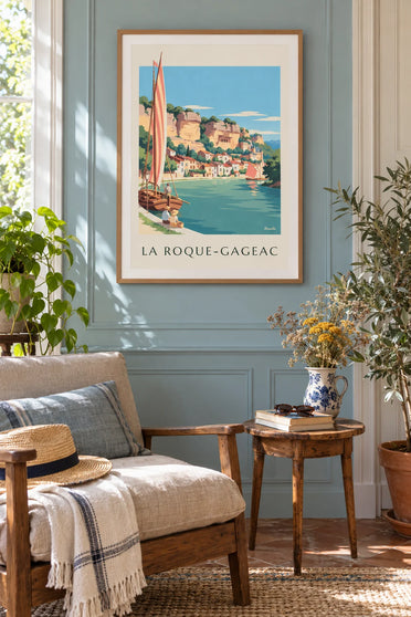 Affiche village de La Roque-Gageac au bord de la Dordogne : encadrée au mur
