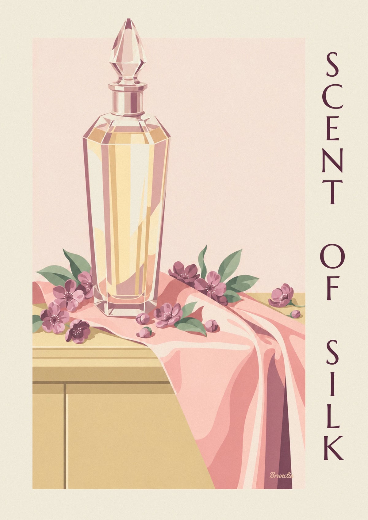 Crystal perfume bottle and draped silk poster