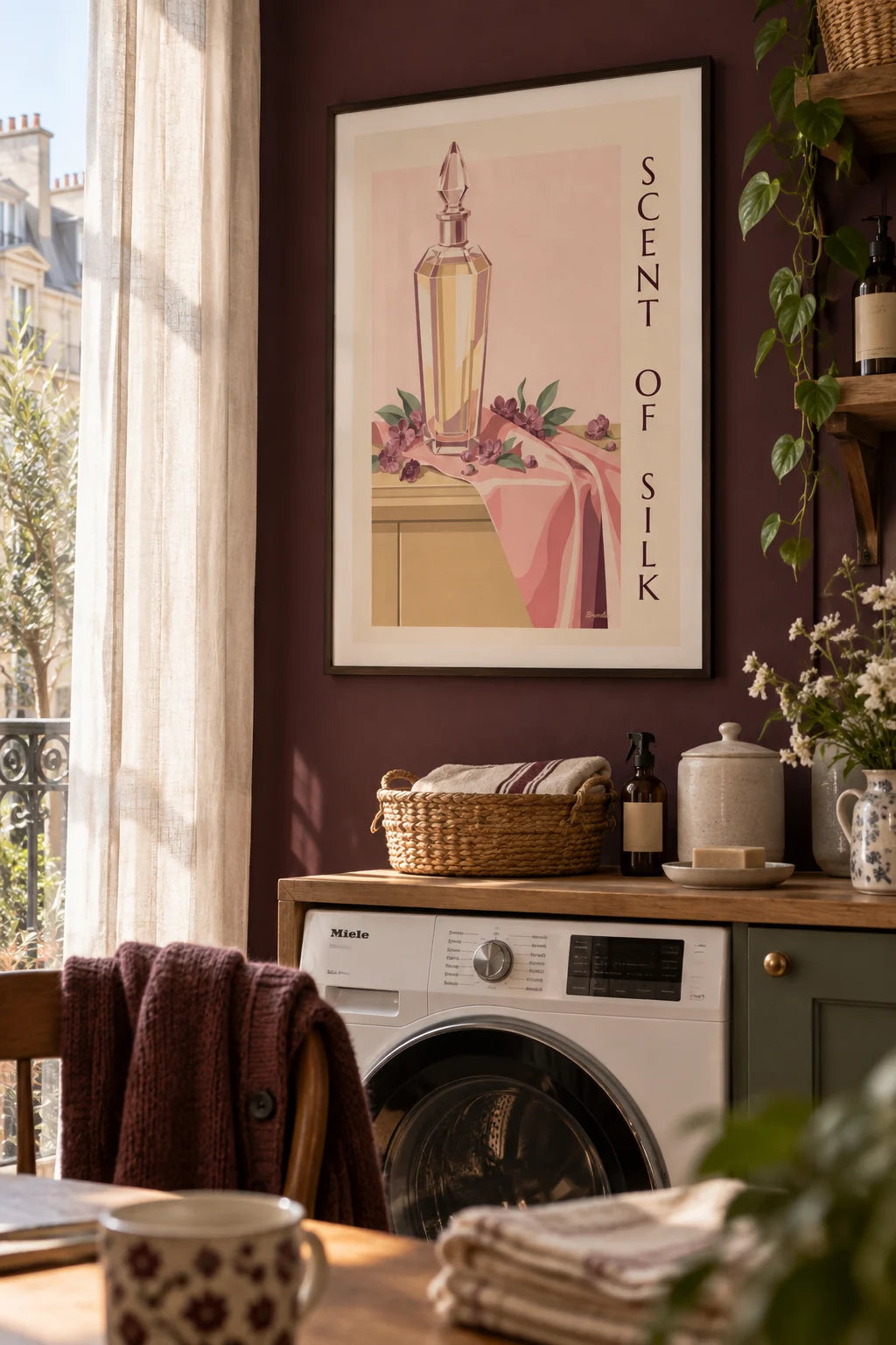 Laundry room: Crystal perfume bottle and draped silk poster on the wall