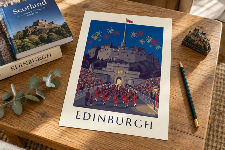 Juliste Edinburghin linnasta ja Military Tattoo -esityksestä yöllä: pöydällä