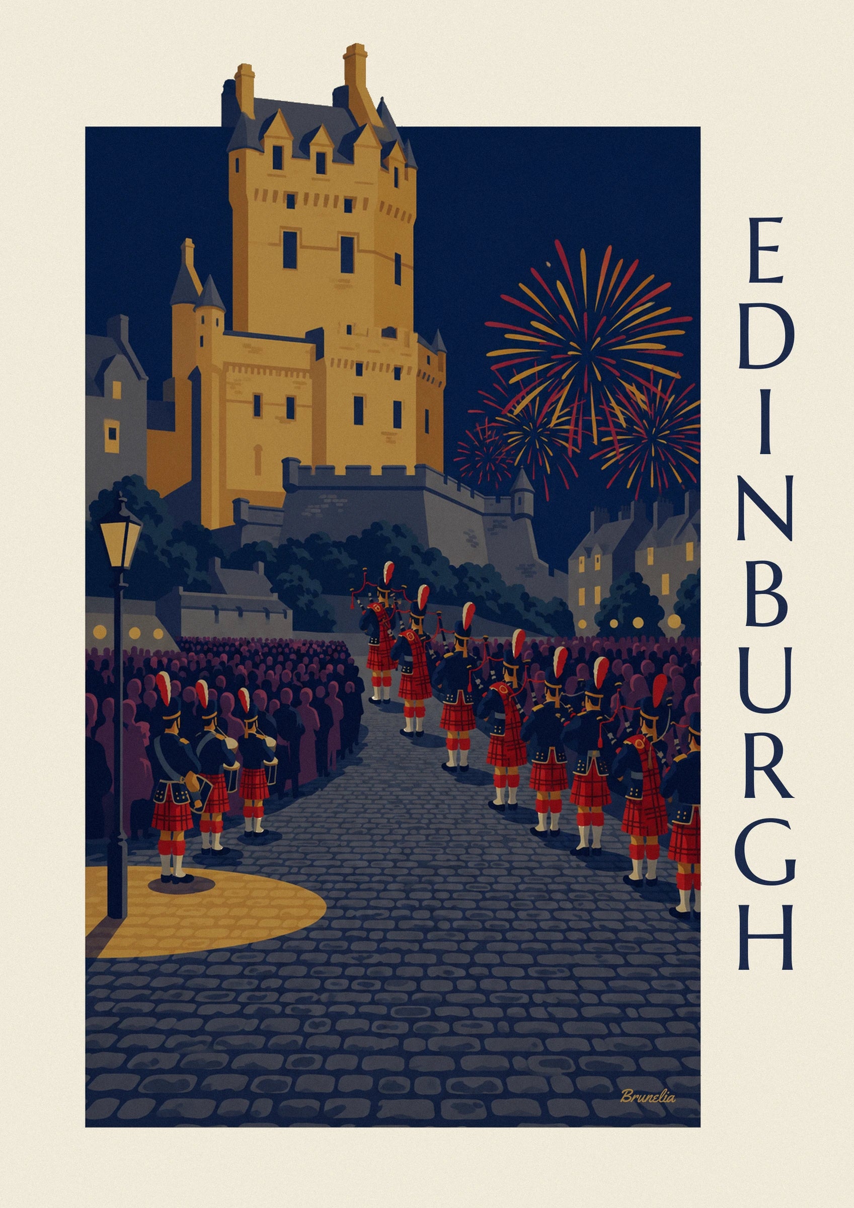 The tall golden towers of the castle of Édimbourg with pointed midnight blue roofs