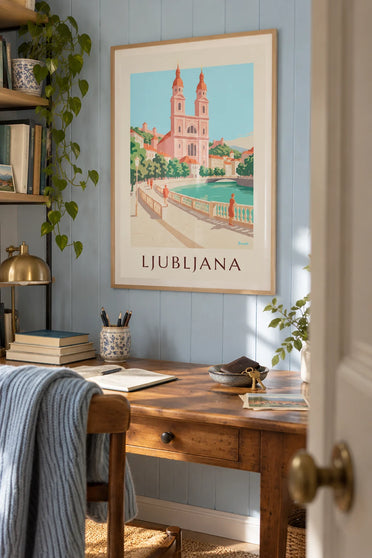 Pink Franciscan church of Ljubljana poster: framed on the wall
