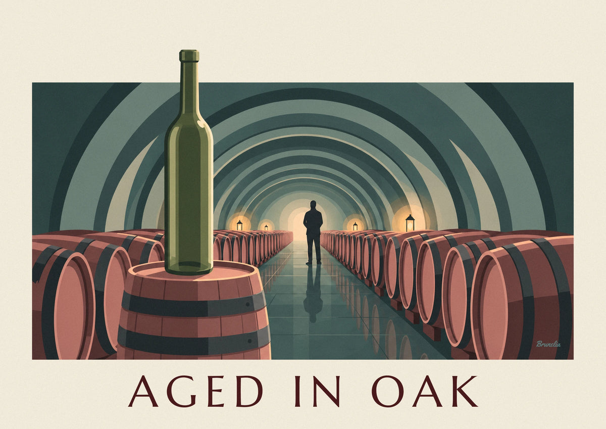 Vaulted wine cellar with oak barrels and wine bottle poster