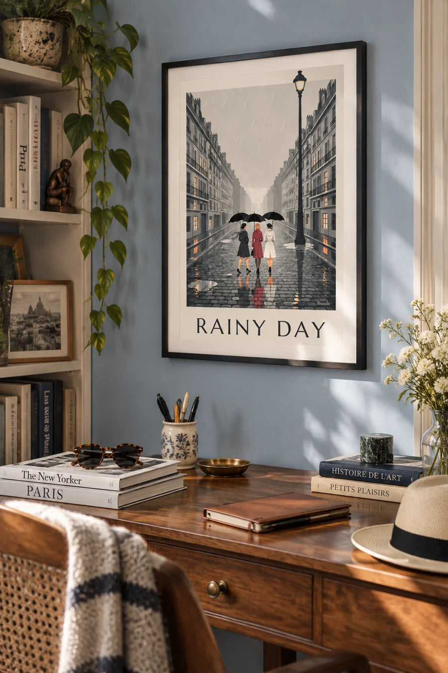 Poster of 3 women in the rain with black umbrellas: framed on the wall