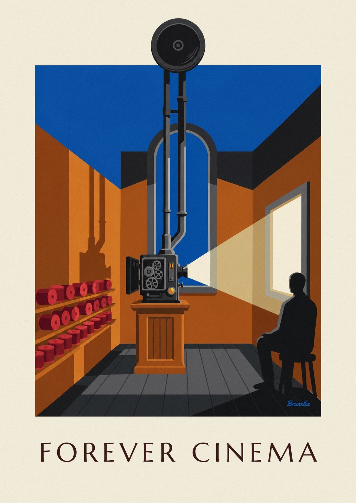 Affiche projecteur et bobines de film en cabine de cinéma
