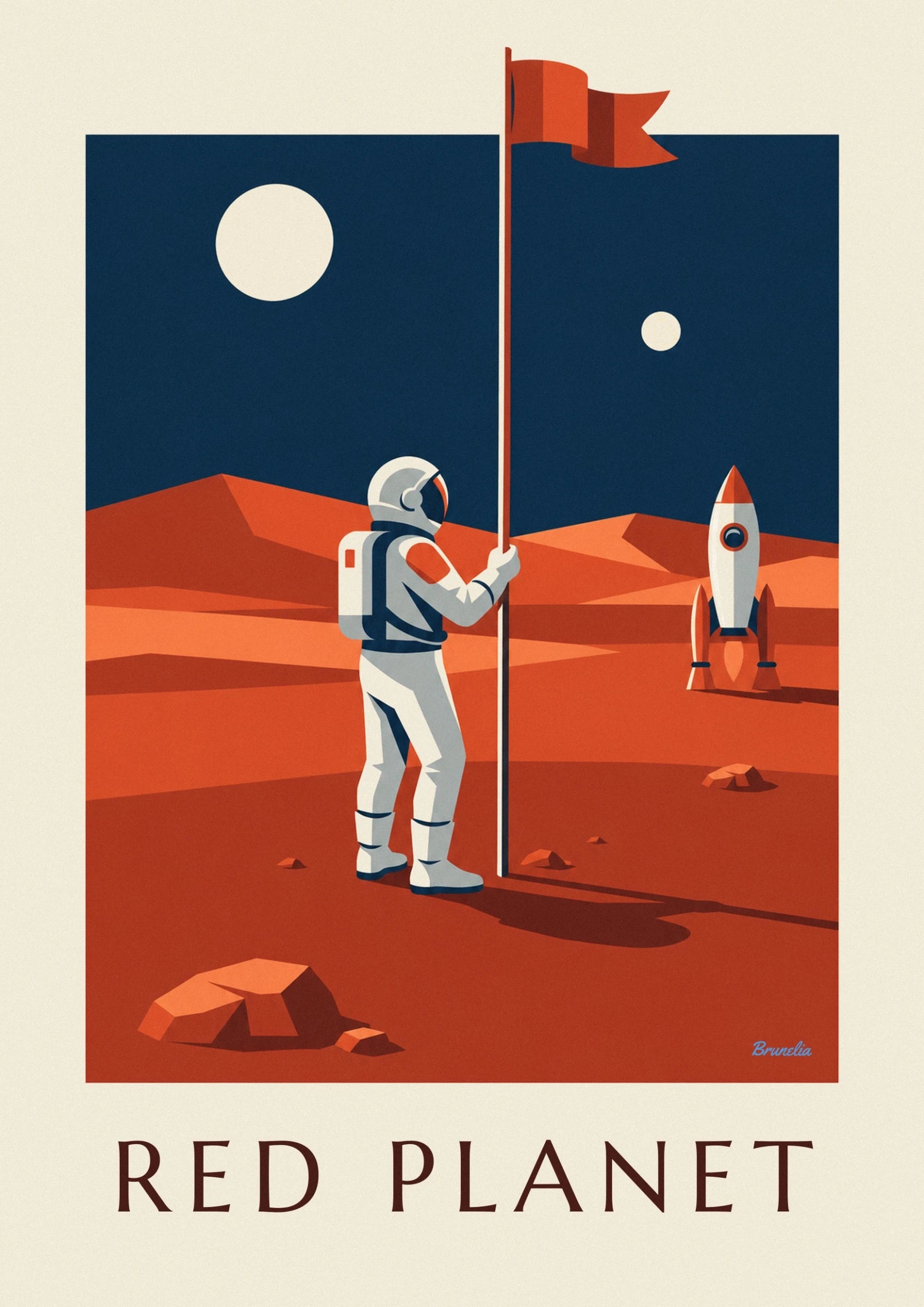 Un astronaute en combinaison blanche tenant un mât sur le sol rouge de Mars