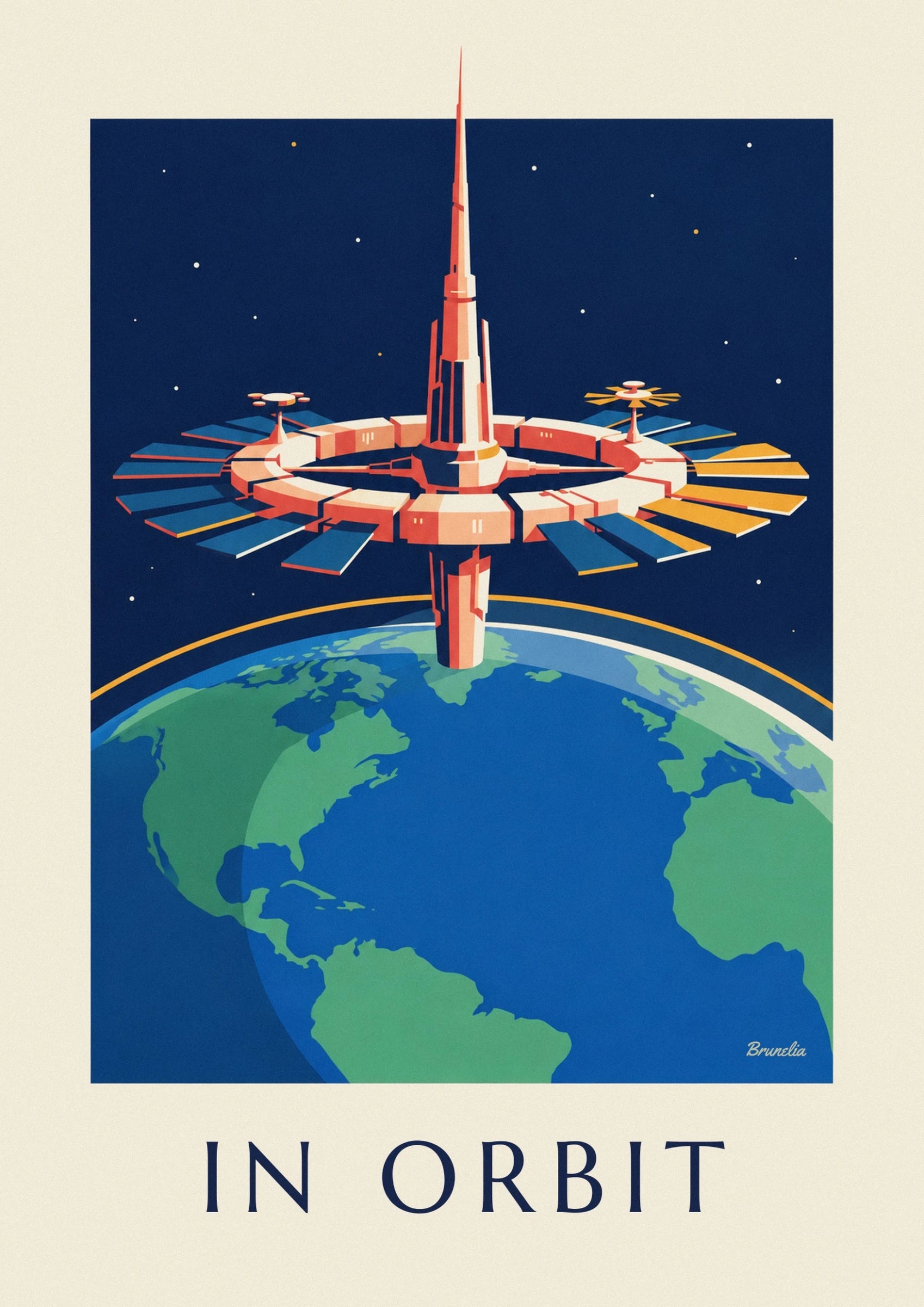 La station spatiale aux modules crème et corail, en orbite au-dessus de la Terre