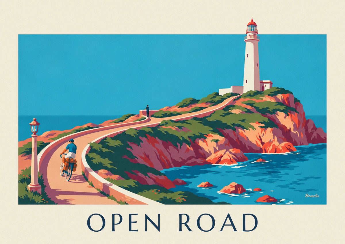 Touring cyclist with panniers on a coastal road poster