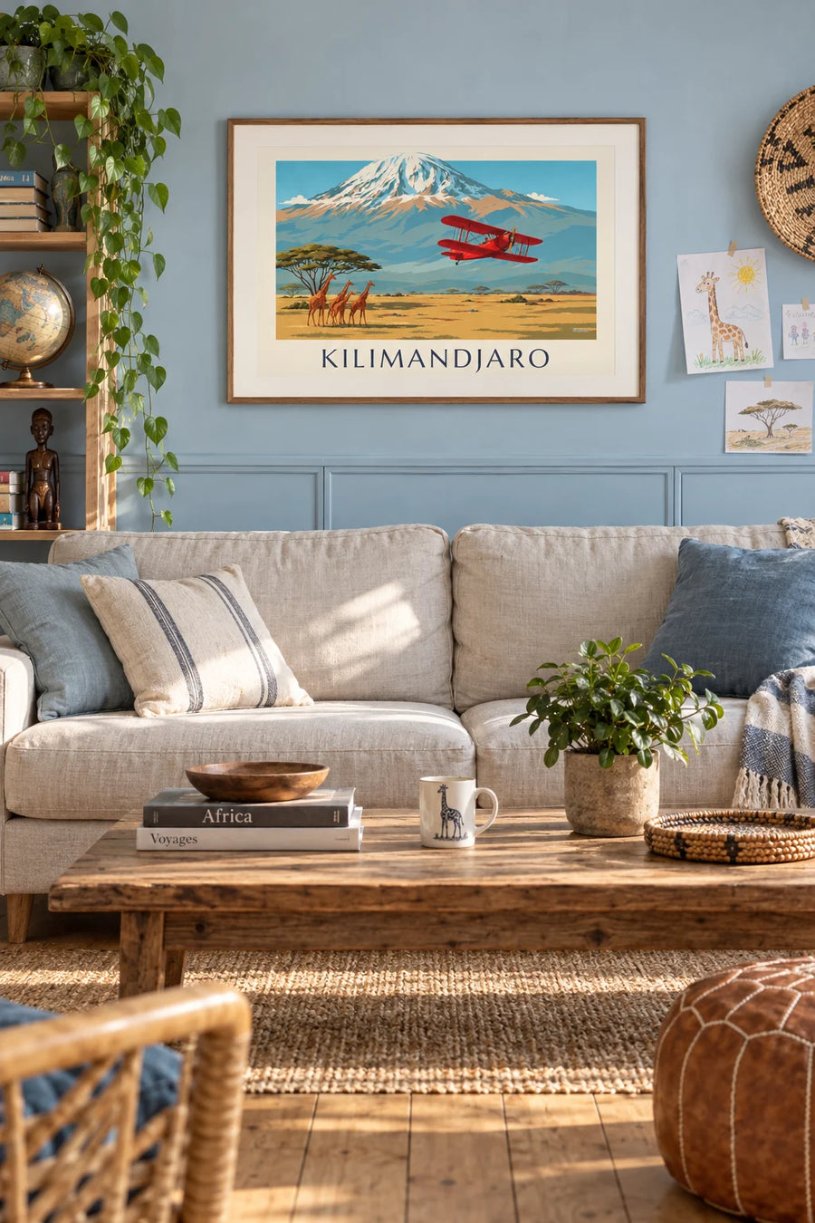 Biplane flying over the savanna and Kilimanjaro poster: framed on the wall