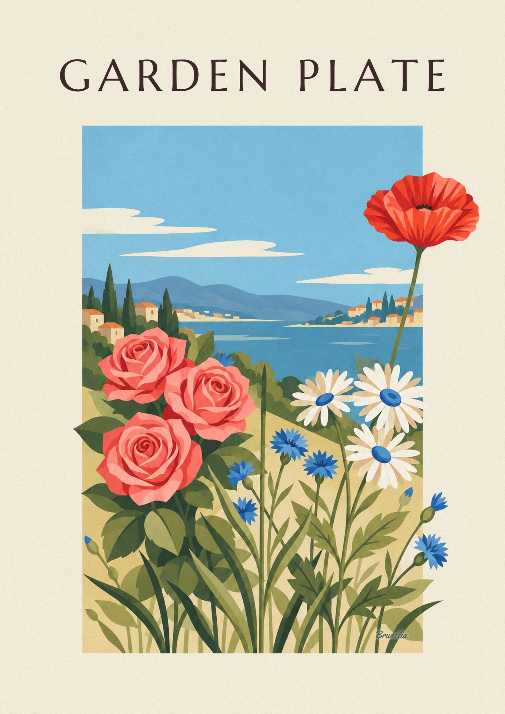 Les 3 roses corail et des bleuets, devant un village aux toits orange au bord de l'eau
