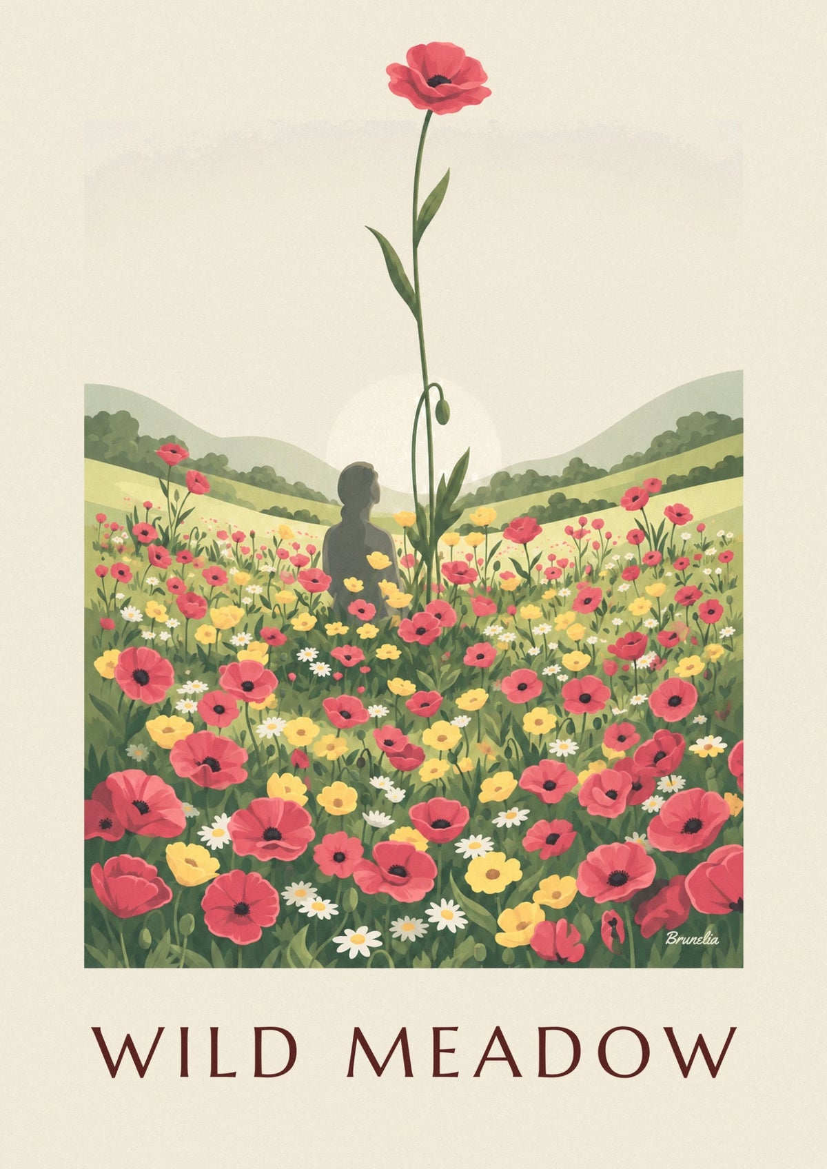 Sunlit poppy meadow and wildflowers poster