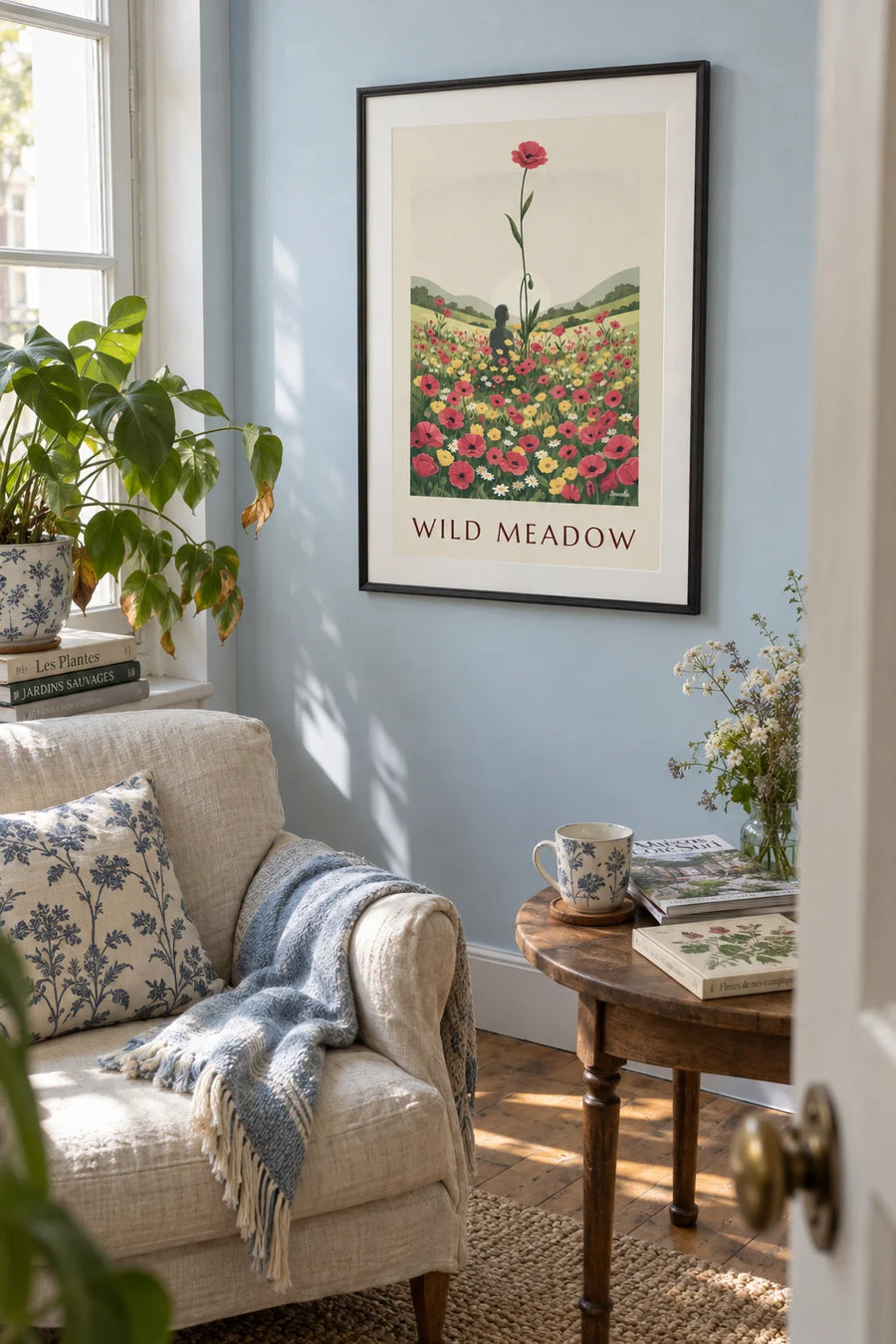 Poster of a poppy and wildflower meadow in the sun: framed on the wall