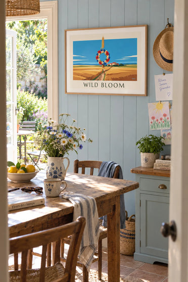 Poster of a wreath of wildflowers and wheat ears: framed on the wall