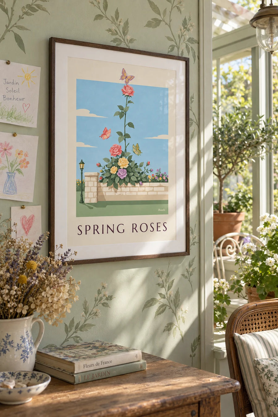 Poster of a bouquet of spring roses and butterflies: framed on the wall