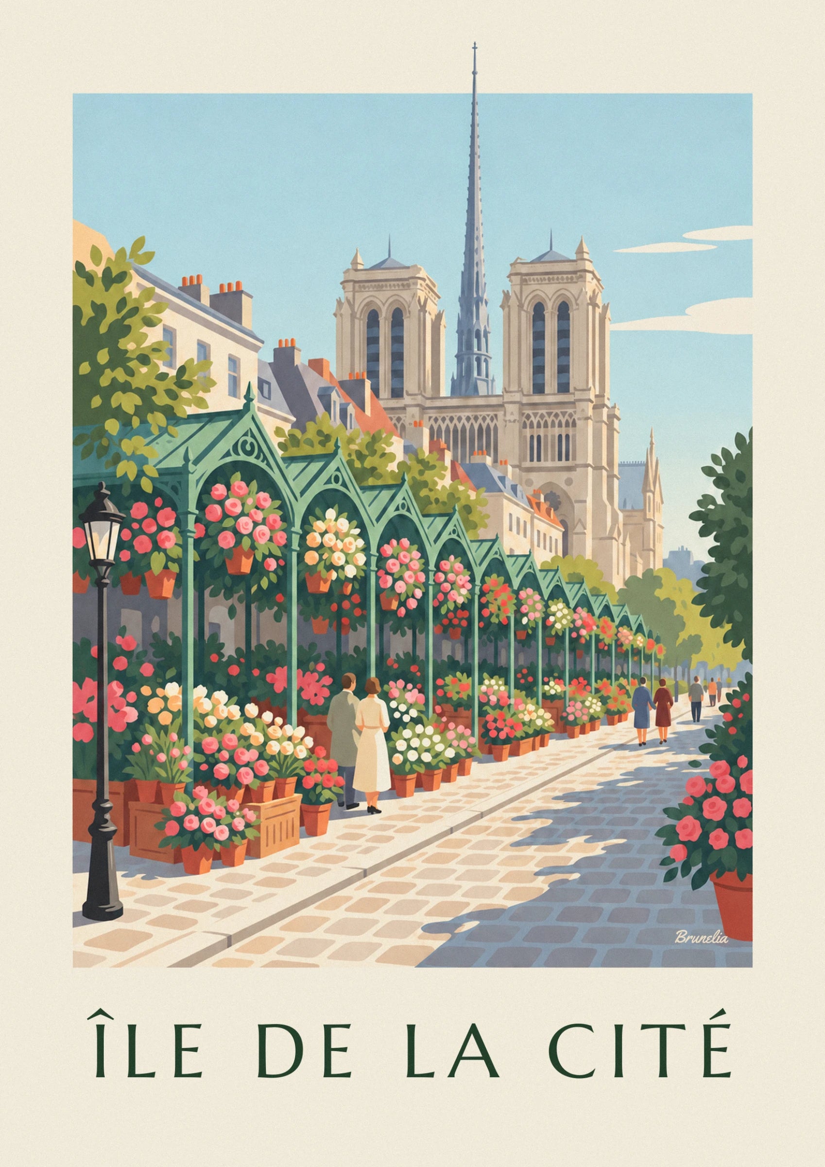 The 2 towers of Notre-Dame and its spire above the rooftops and stalls