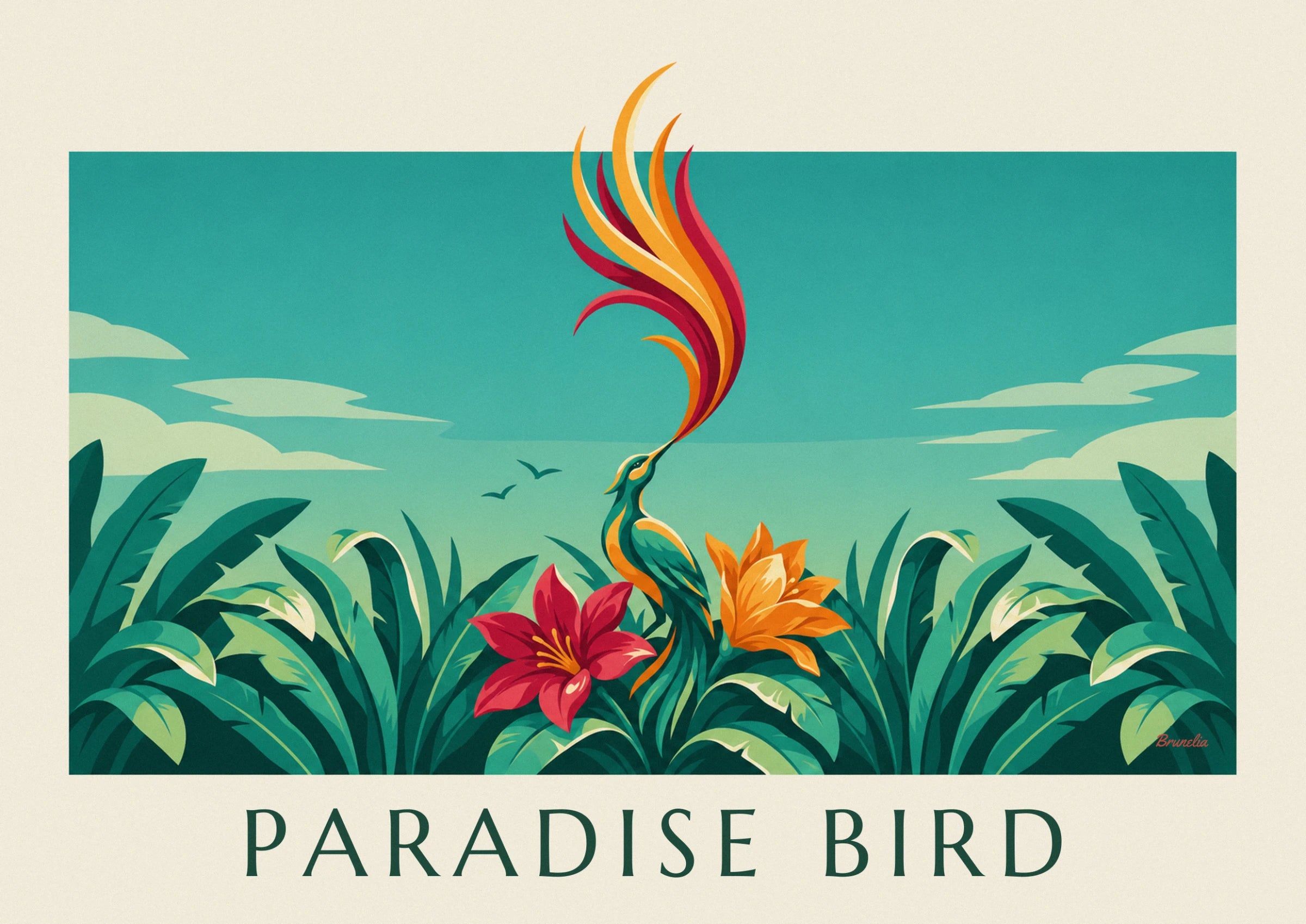 The bird of paradise with long red and orange feathers, between an orange lily and a red lily