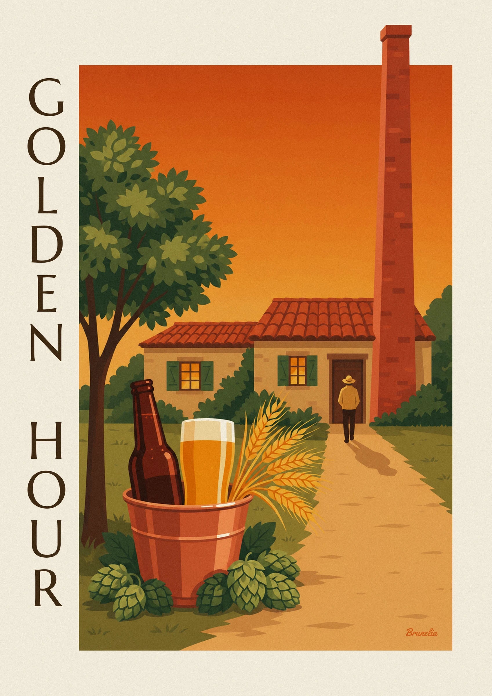 Bouteille brune et verre de bière dorée dans un seau en cuivre, entre épis de blé et cônes de houblon