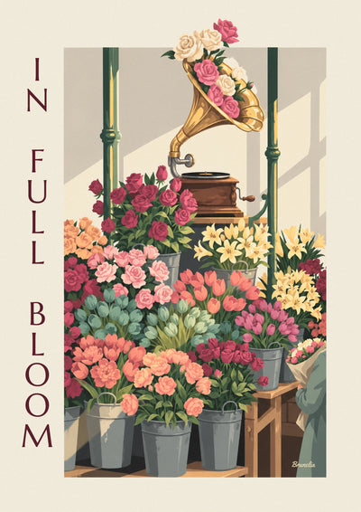 Affiche gramophone fleuri sur un étal de marché aux fleurs : l'affiche entière