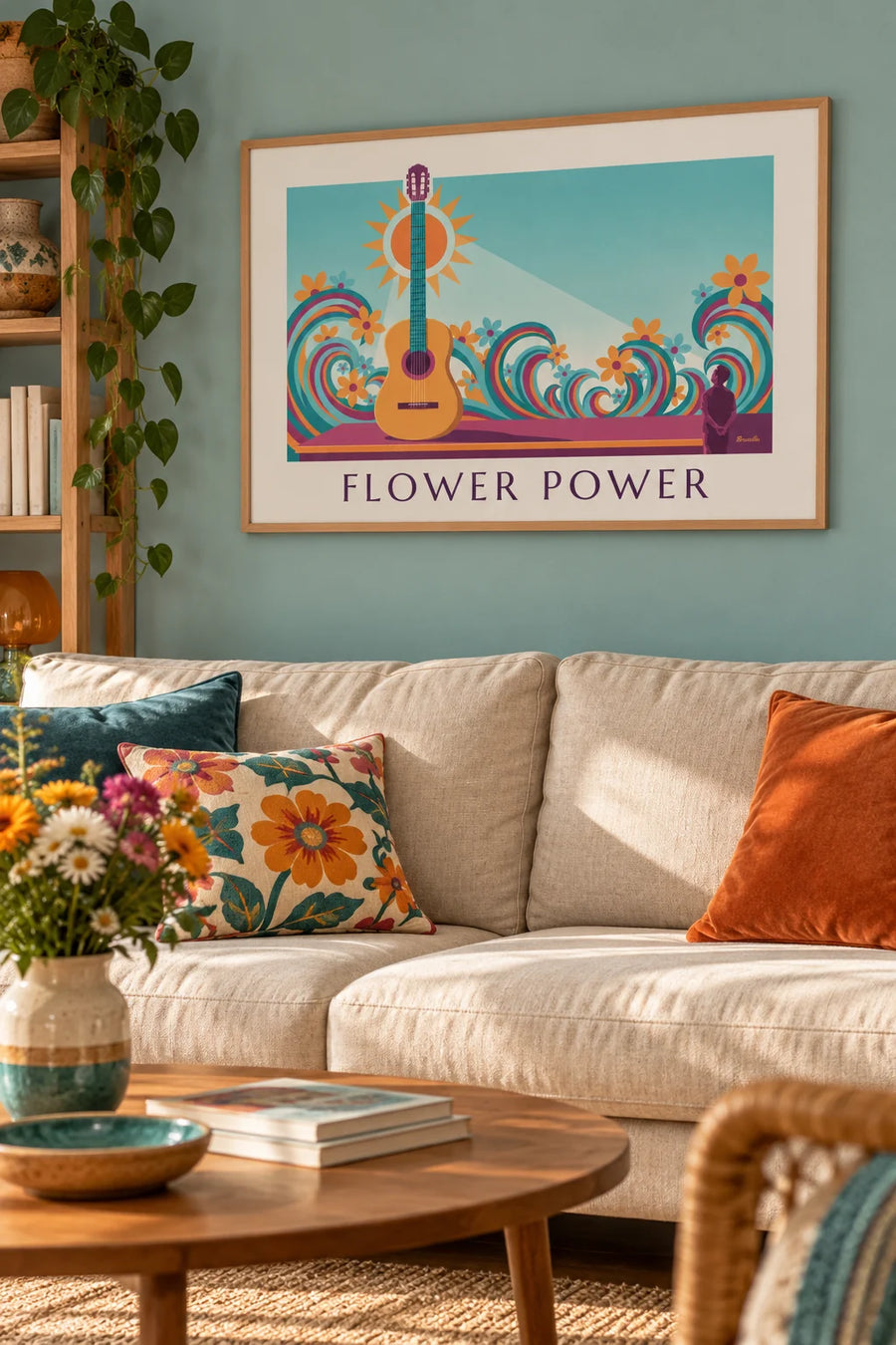 Juliste akustinen kitara ja psykedeeliset aallot, Flower Power: kehystettynä seinällä