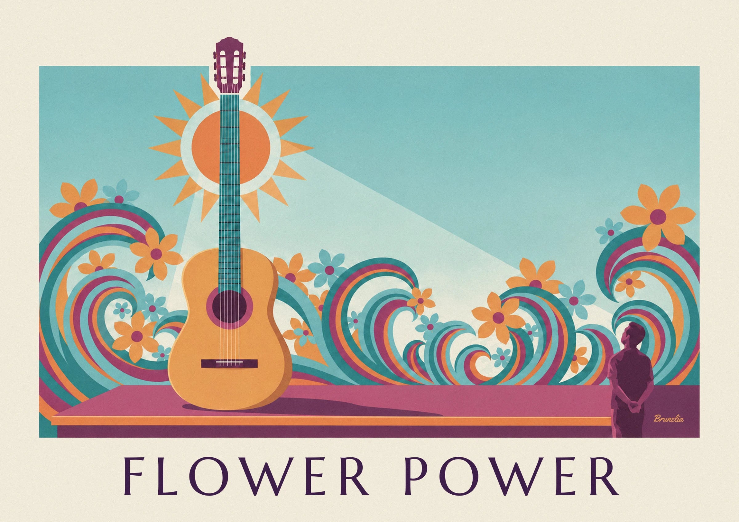 The acoustic guitar in front of an orange sun, surrounded by flowers and waves