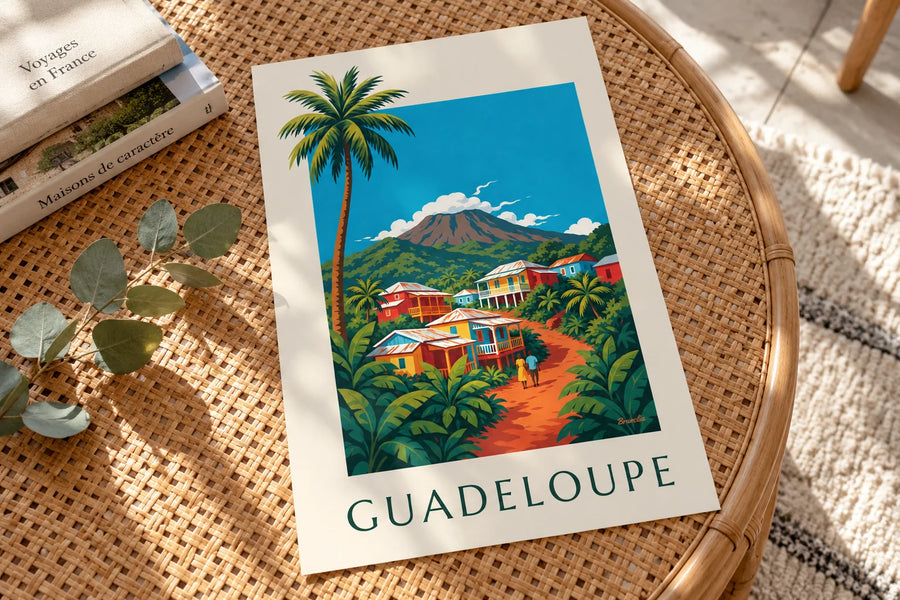 Juliste kreolitalot ja Soufrièren tulivuori Guadeloupella: pöydällä