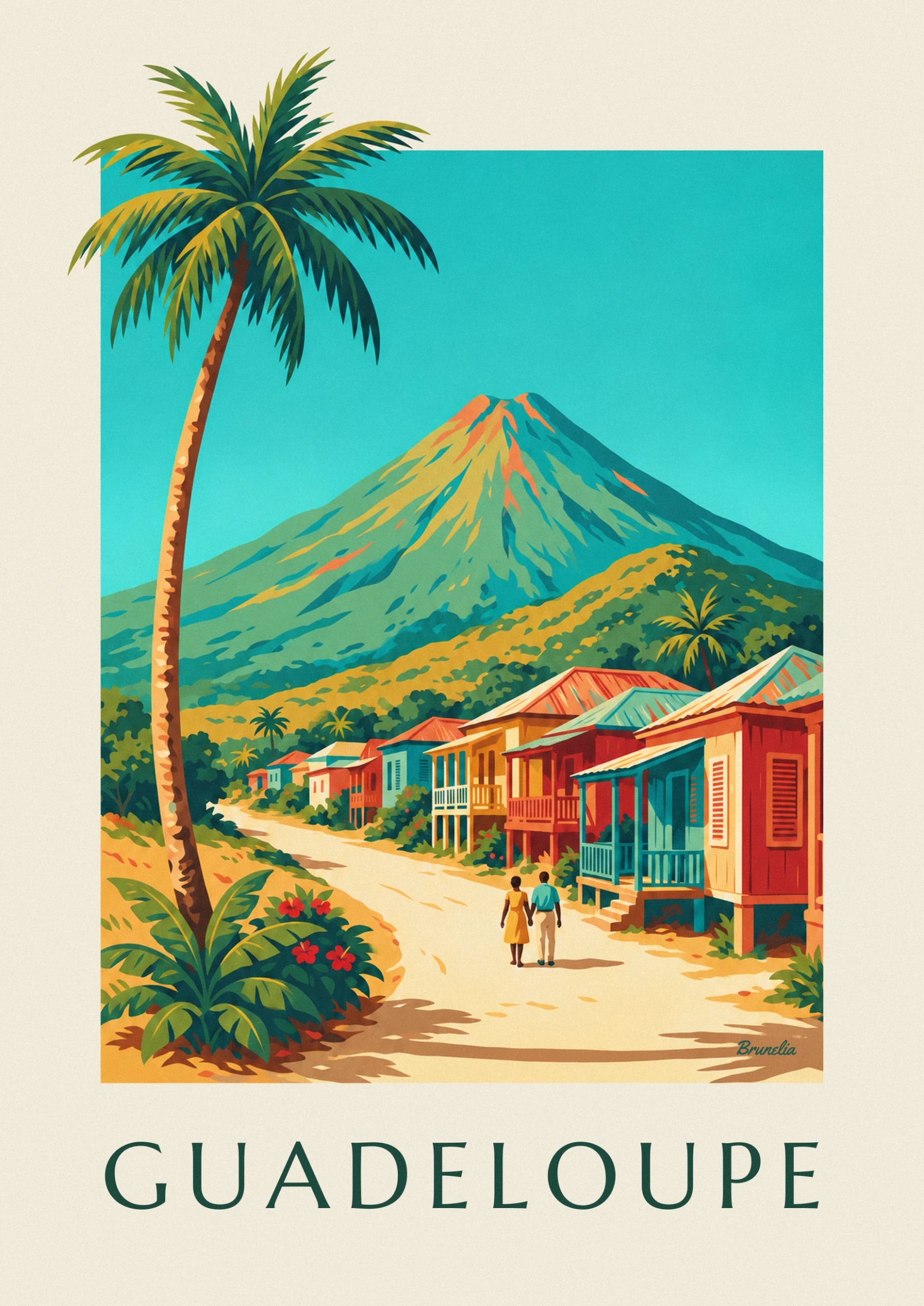 Le volcan vert et orangé dominant les toits colorés des maisons créoles