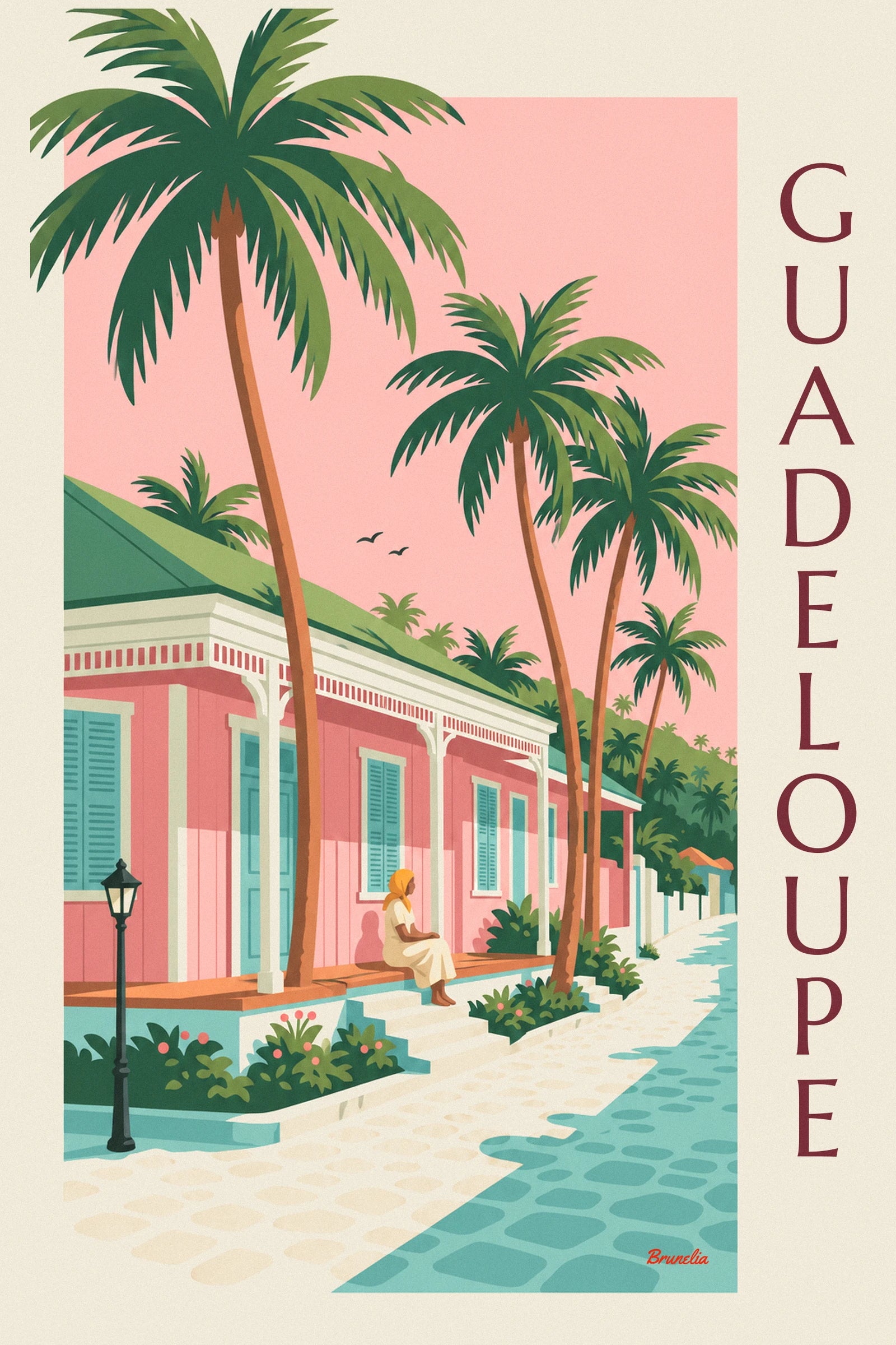 The woman in a yellow headscarf sitting on the steps of the pink cottage, facing the blue shutters