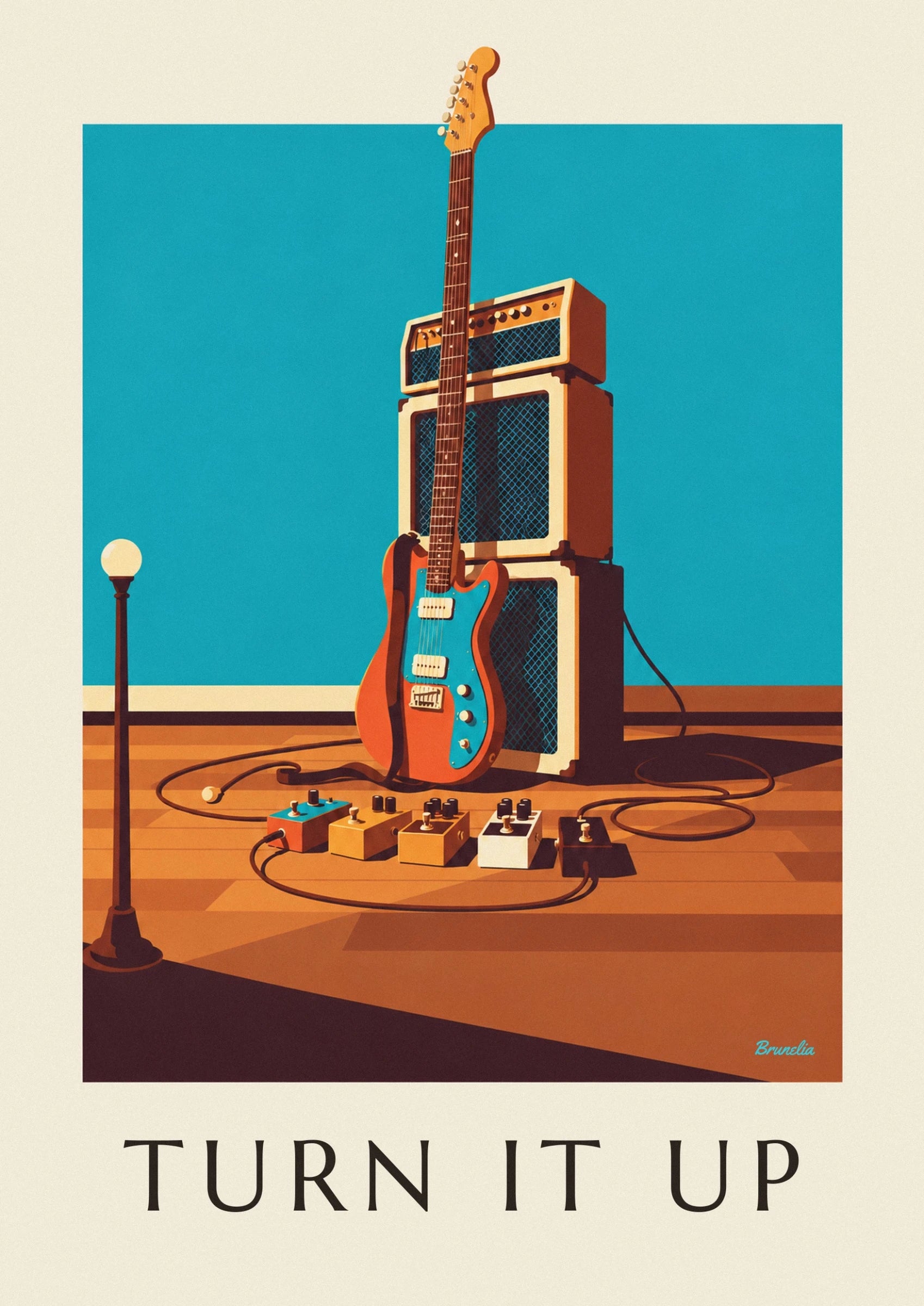 The orange guitar with a turquoise scratchplate, two cream pickups and a dark strap