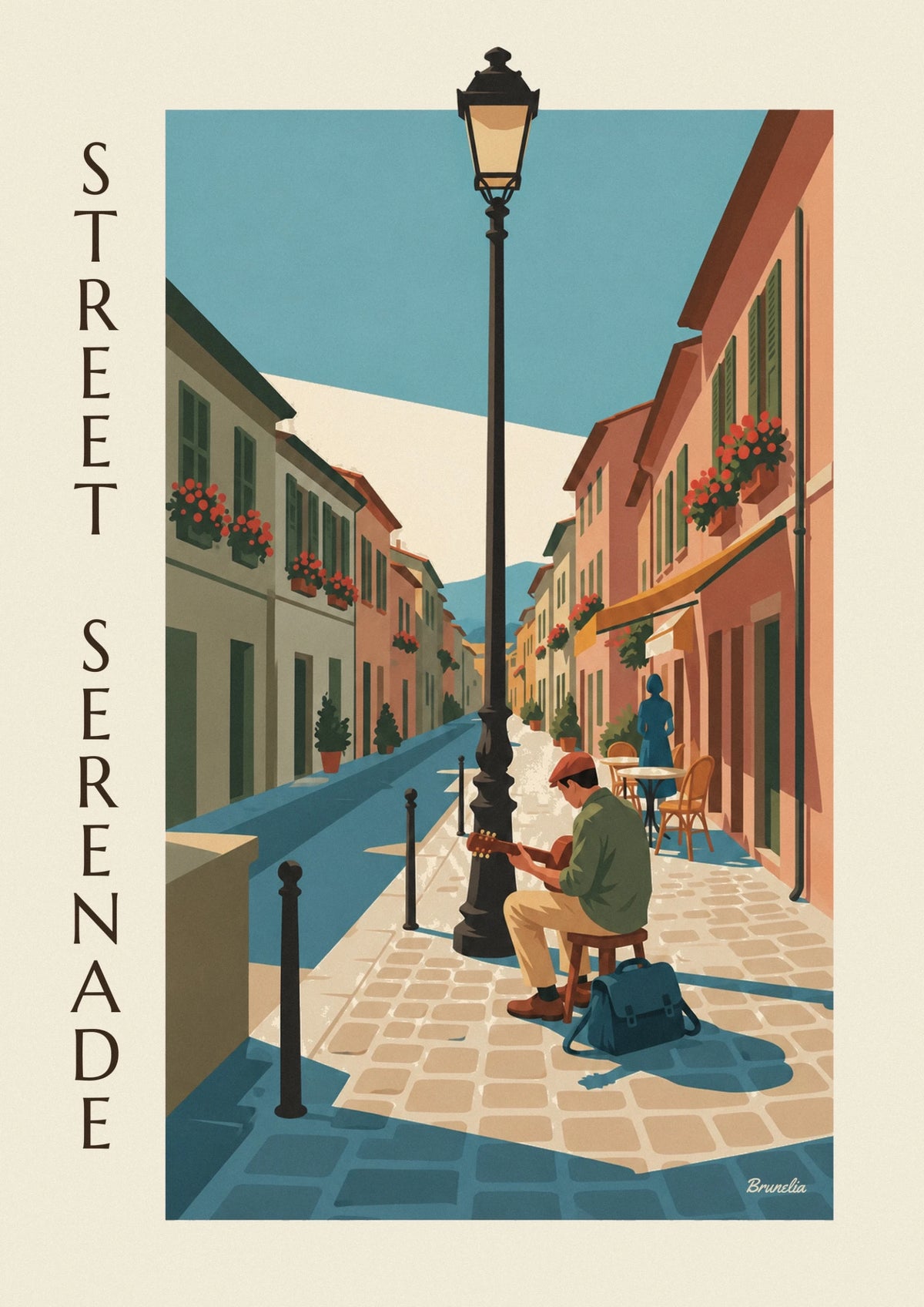 Street guitarist in a cobbled lane poster