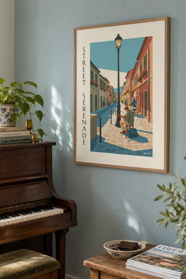 Affiche guitariste de rue dans une ruelle pavée : encadrée au mur