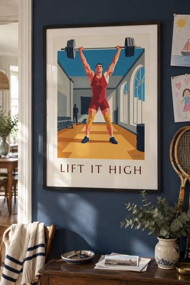 Poster of a weightlifter lifting a barbell in a gym: framed on the wall