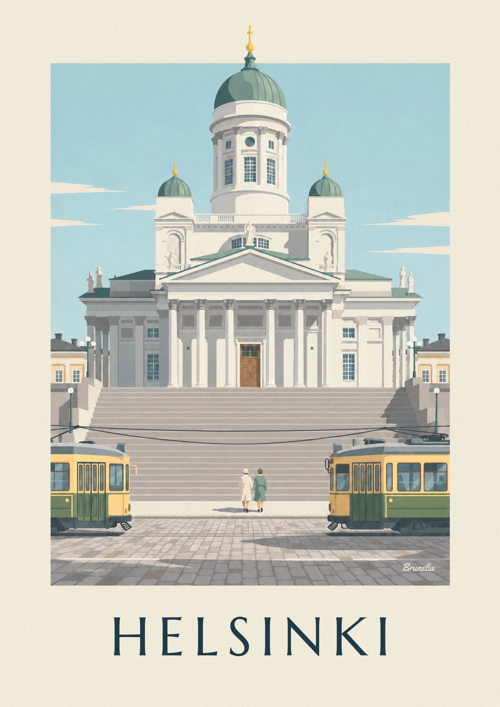 The green dome of Helsinki cathedral and its 2 small domes with golden spires