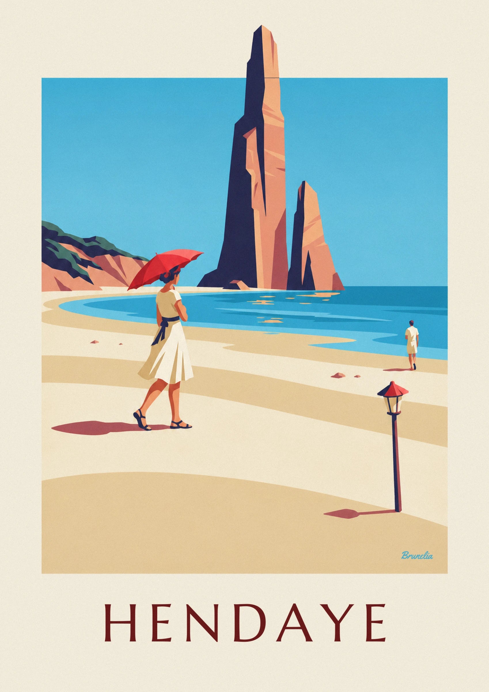 The woman in a white dress with a navy belt and her red parasol, seen from behind on the sand