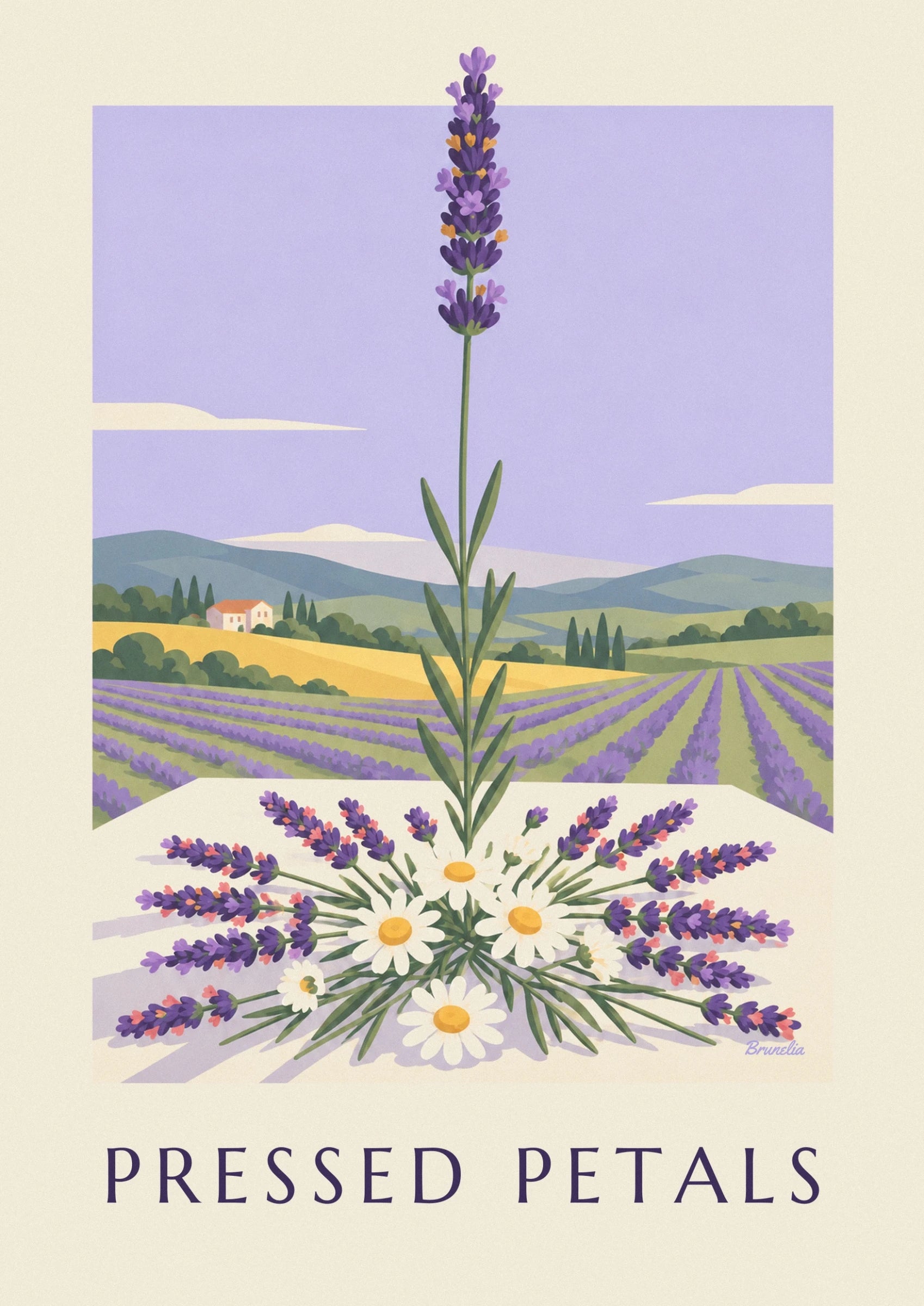 Un épi de lavande violet aux petites touches mauves et ocre, sur fond lilas